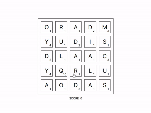An animation showing the player first spelling "RAD," then backtracking to spell "RAL," then "RAAL."