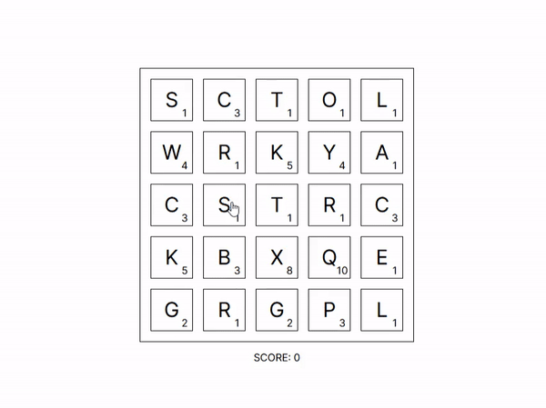 An animation showing an updating total score along side the chained letters and word score.