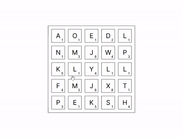 An animation showing letter chaining, now with a word score. As the player chains together the letters to spell "LYL," a score number updates from 1, to 5, to 6 total points.