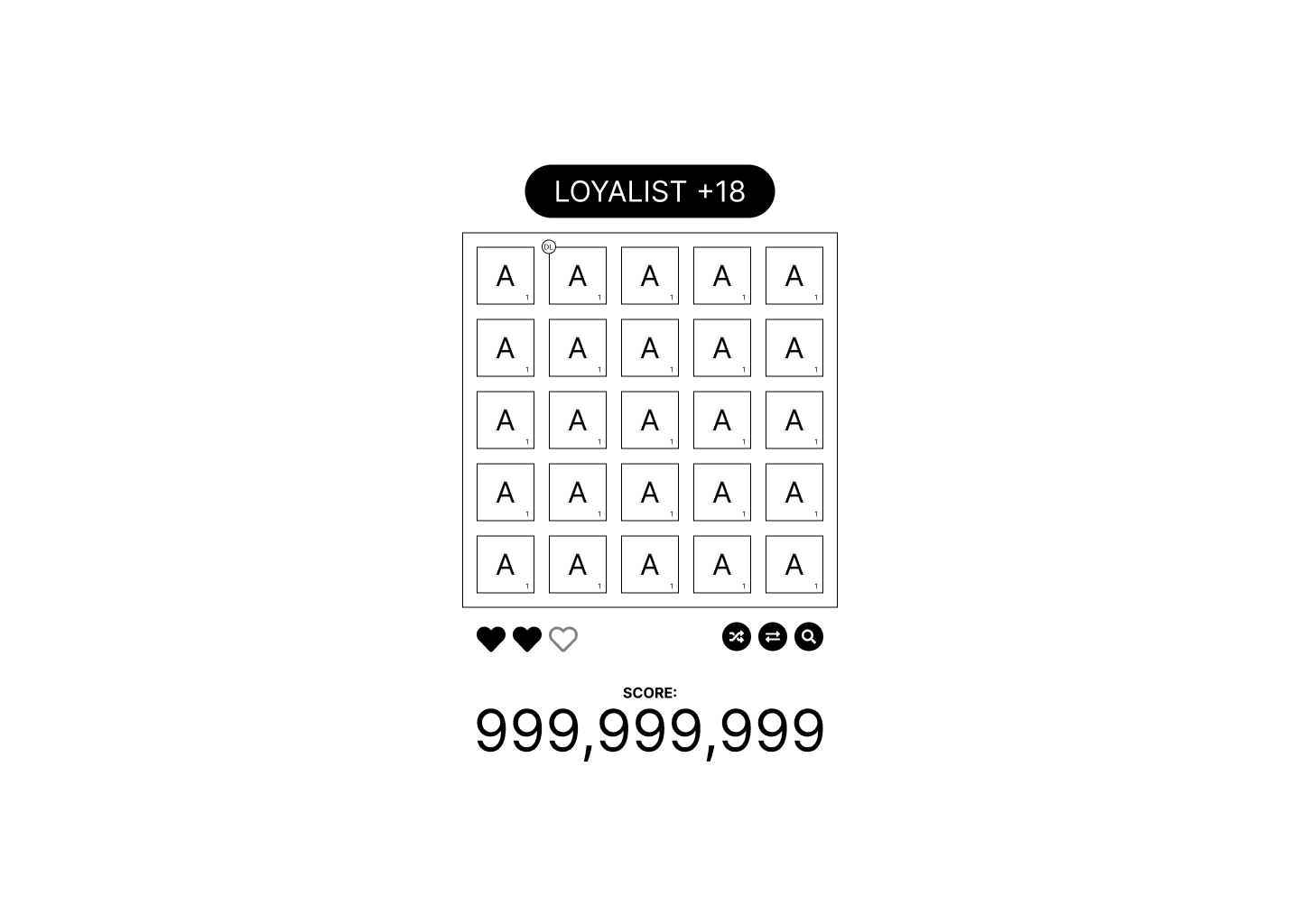 A simple layout of a letter game that shows a five-by-five grid with letter tiles, which show a letter and a small number in the bottom right corner that indicates the tile's point value. Above the grid is a display that shows the word the user has currently chained together from the letters in the grid. Below the grid is a set of three hearts, one of which is empty. Across from the hearts are three action buttons, allowing the player to shuffle the letters, replace a letter, and receive a hint. Along the bottom of the screen is the player's current score.