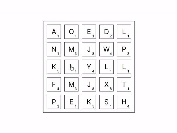 An animation illustrating simple letter chaining. The player's cursor starts on an "L" and then drags across a "Y" and another "L," spelling "LYL."